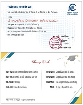 Trường Đại học Điện lực trân trọng kính mời các tân Tiến sĩ, Thạc sĩ, Kĩ sư, Cử nhân và Qúy Phụ huynh tới dự Lễ trao bằng tốt nghiệp – Tháng 10/2023